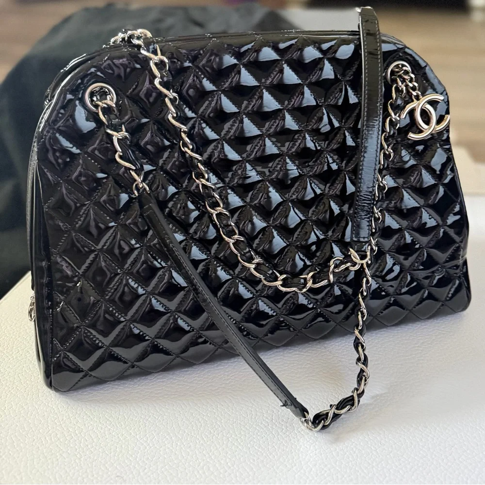 CHANEL Black Quilted Patent Leather Just Mademoiselle Bag (Excellent)